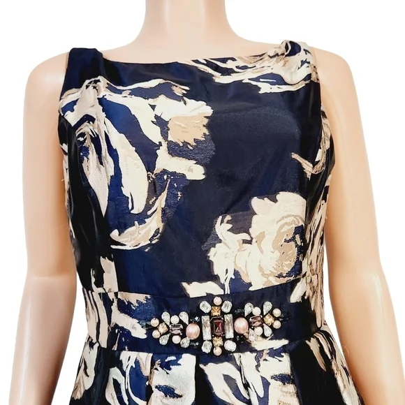 Eliza J Embellished Floral Ballgown Dress Navy Multi Size 10 - Picture 3 of 16